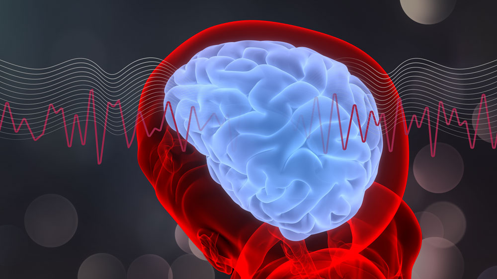 human brain illustration with brain waves surrounding it